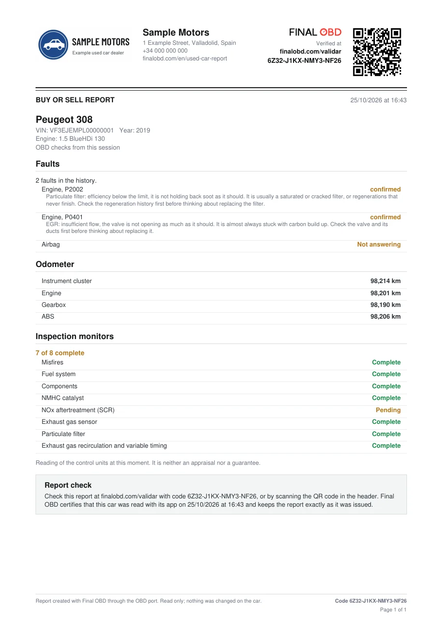 The first page of the sample buy or sell report, with the Final OBD seal, the code and the QR