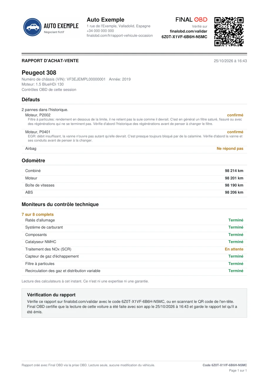 La première page du rapport d’achat-vente d’exemple, avec le sceau Final OBD, le code et le QR