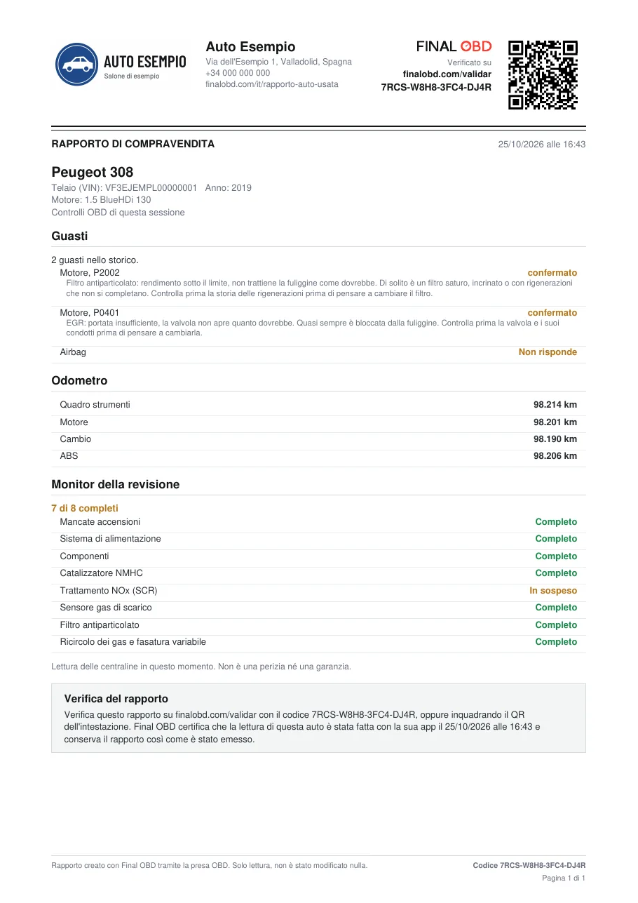 La prima pagina del rapporto di compravendita di esempio, con il sigillo di Final OBD, il codice e il QR