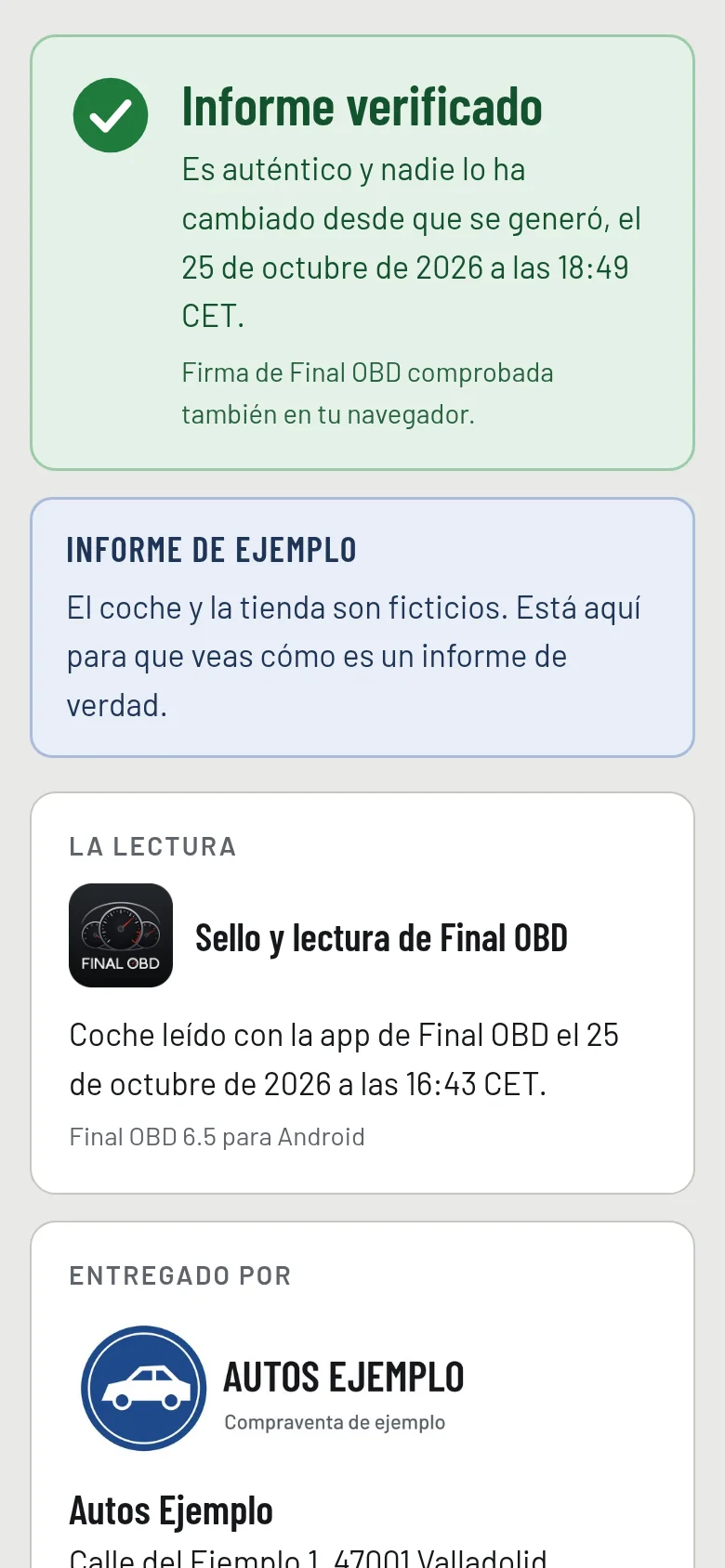 El mismo informe comprobado en finalobd.com/validar desde un móvil: verificado y sin modificar