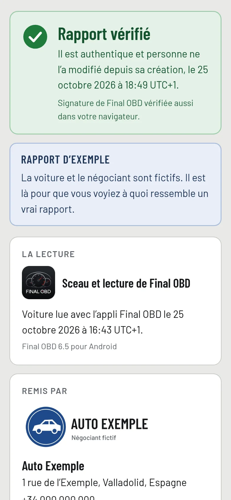 Le même rapport vérifié sur finalobd.com/validar depuis un téléphone : vérifié et non modifié