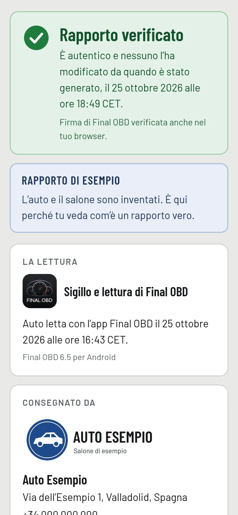 Lo stesso rapporto verificato su finalobd.com/validar da un telefono: verificato e non modificato