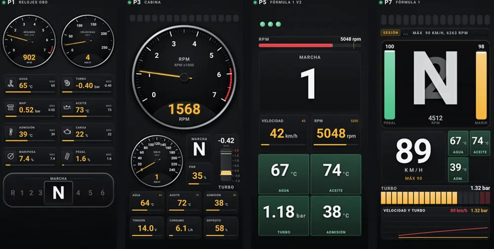Four Final OBD screens with the Graphite theme