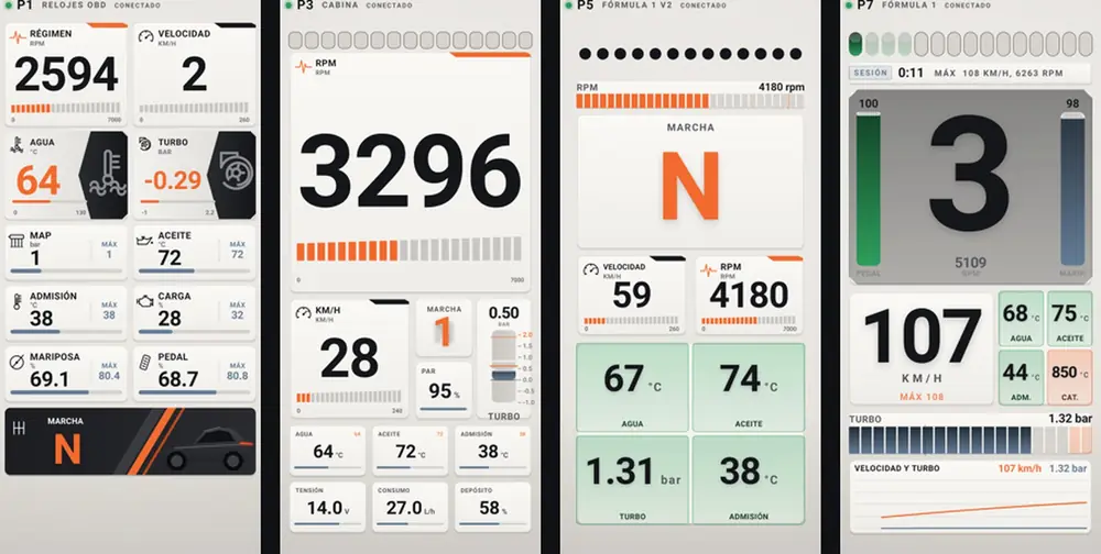 Four Final OBD screens with the Racing theme